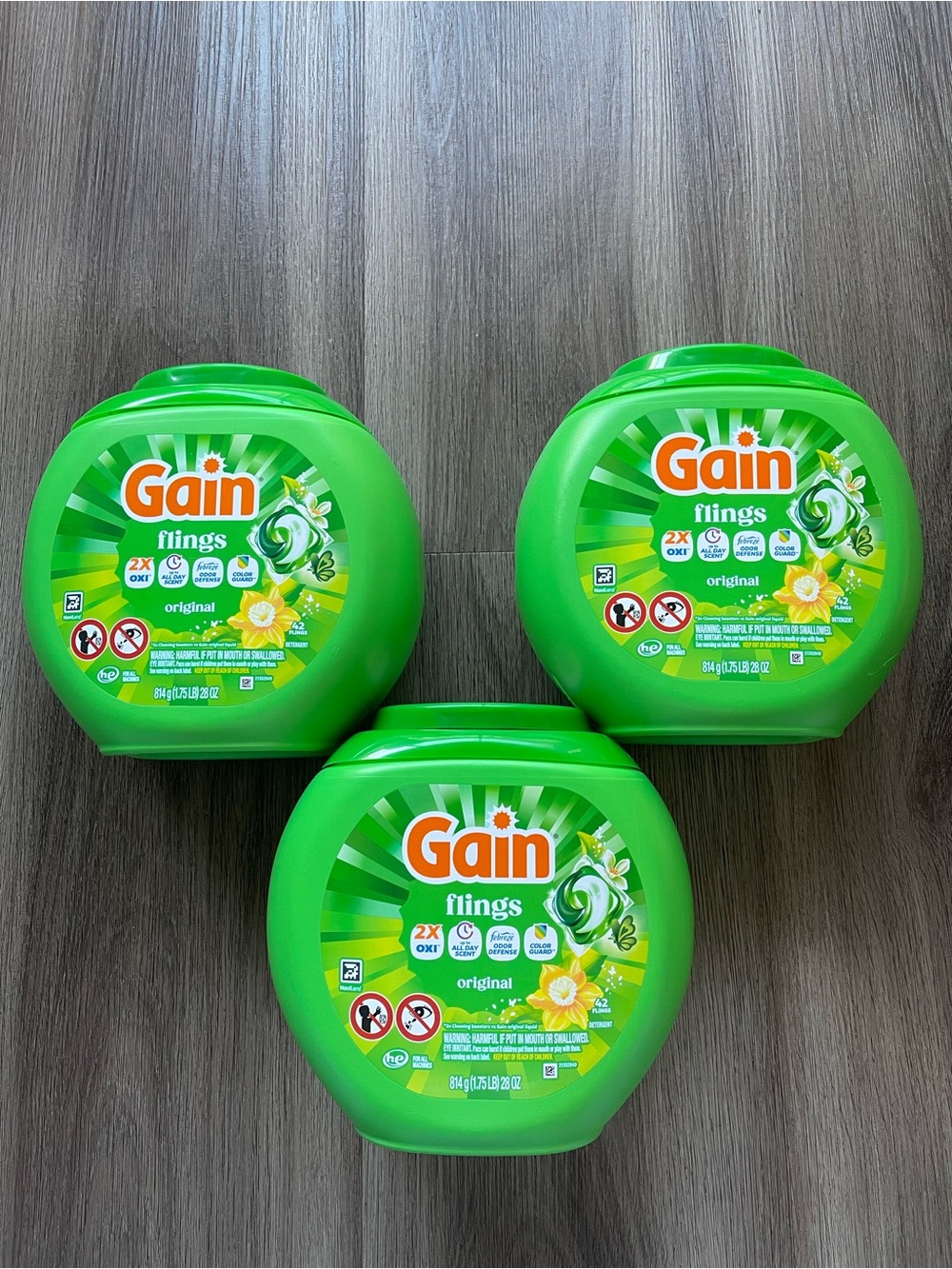 New! Gain Flings Original Laundry Detergent Pacs - 3 Pack
